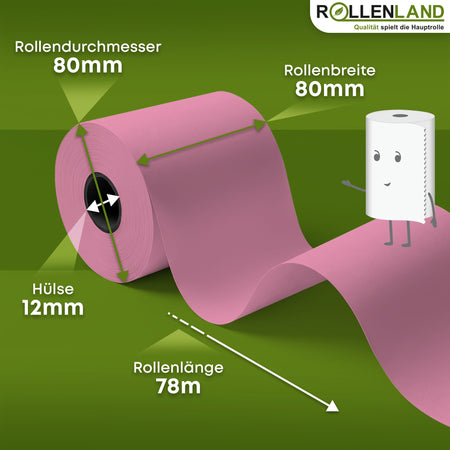 30 rouleaux thermiques colorés 80x80x12, 78 m, 55g, sans bisphénol-A (BPA), rose