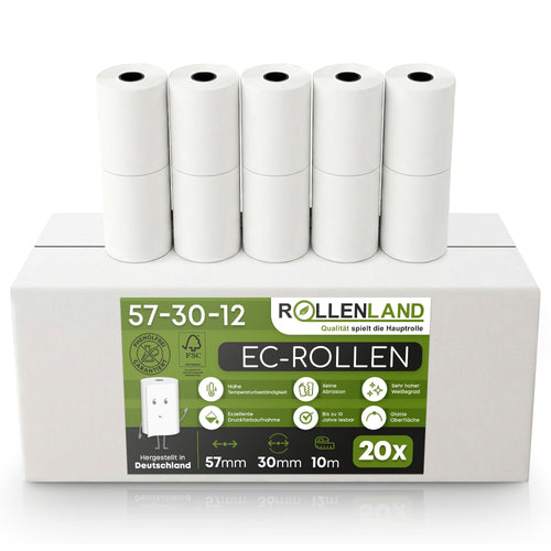 Carton de 20 rouleaux EC 57x30x12, 10 m, sans BPA, avec empreinte prélèvement automatique PAYONE.
