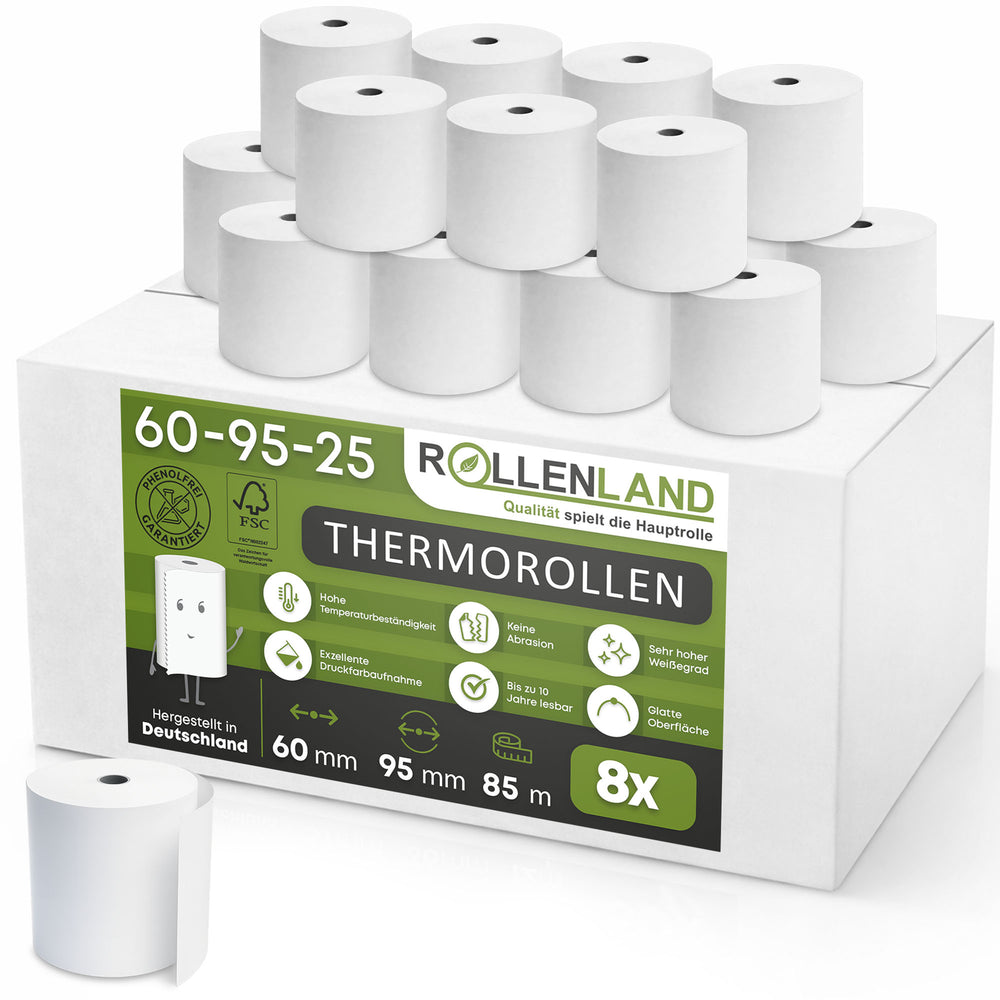 8 rouleaux thermiques 60x95x25, 85 m, sans bisphénol-A (BPA)