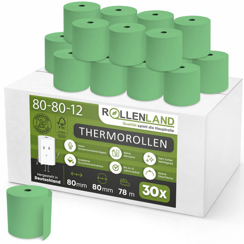 Carton de 30 rouleaux thermiques colorés 80x80x12, 78 m, 55g, sans bisphénol-A (BPA), vert