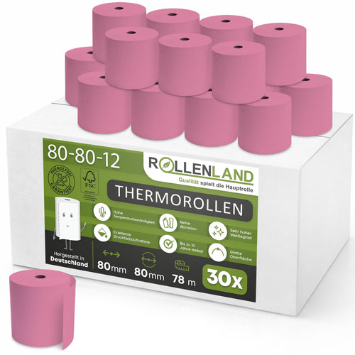 Carton de 30 rouleaux thermiques colorés 80x80x12, 78 m, 55g, sans bisphénol-A (BPA), rose