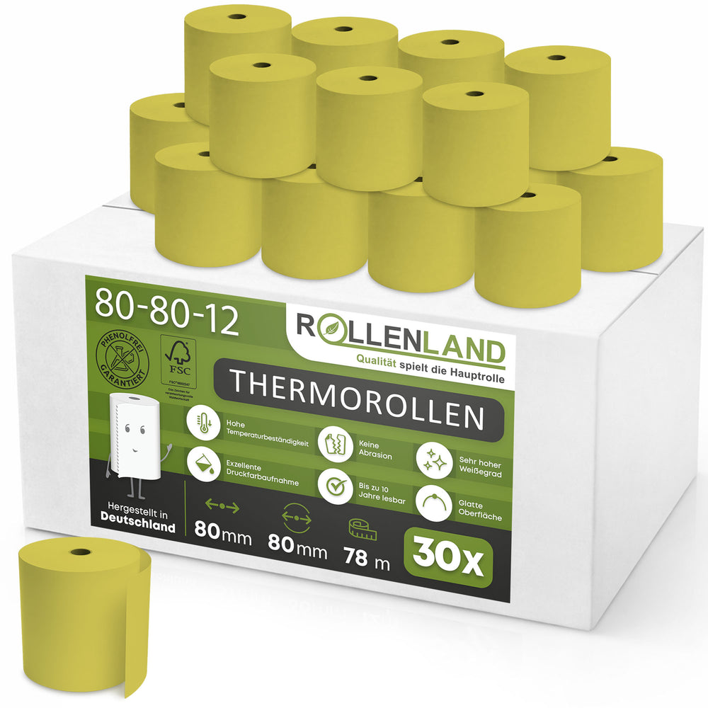 30 rouleaux thermiques colorés 80x80x12, 78 m, 55g, sans bisphénol-a (BPA), jaune,