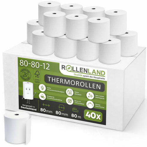 Carton de 40 rouleaux thermiques 80x80x12, 80 m avec empreinte de prélèvement SEPA, sans bisphénol-A (BPA)