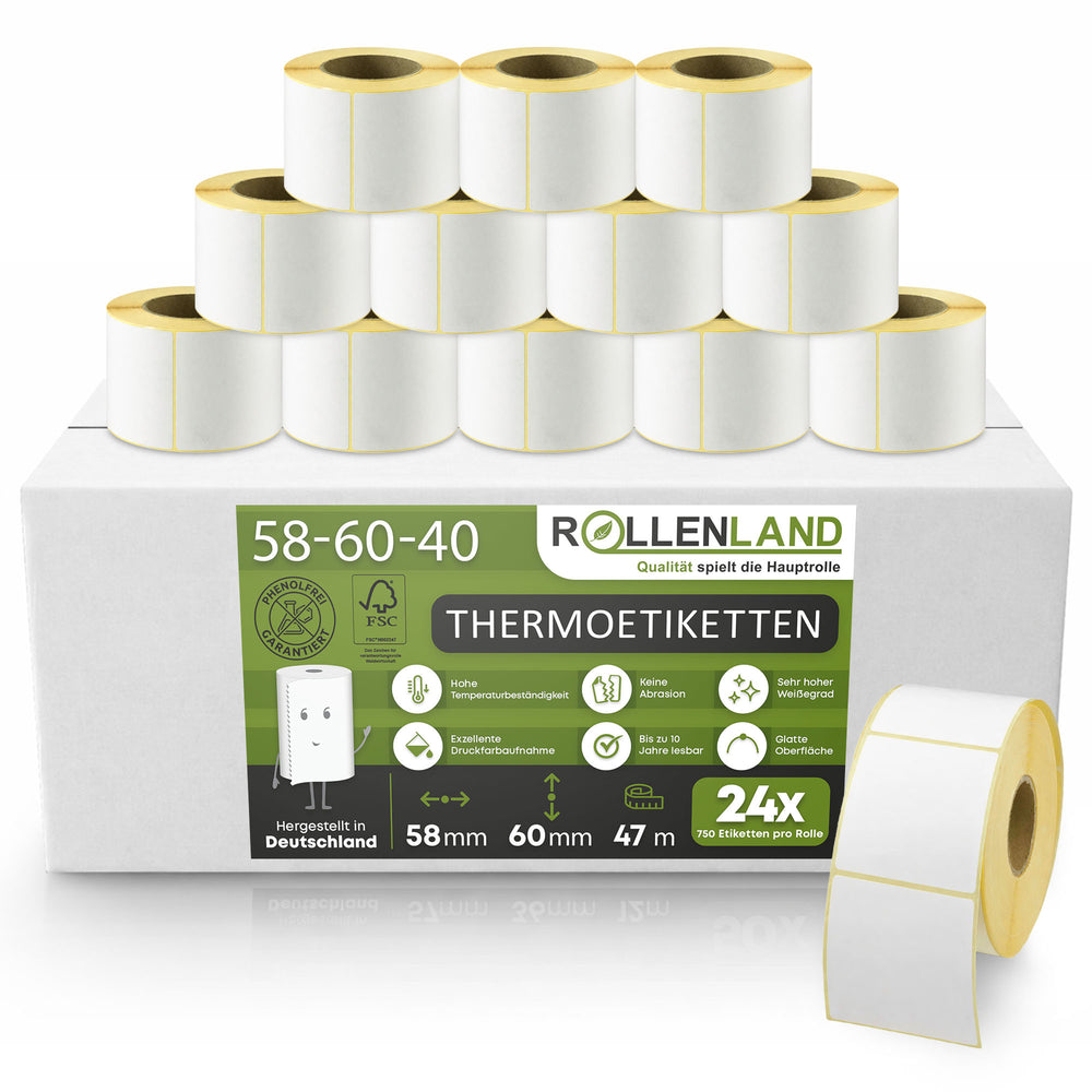 Étiquettes thermiques vierges 58x60x40, longueur 47 m, 24 rouleaux