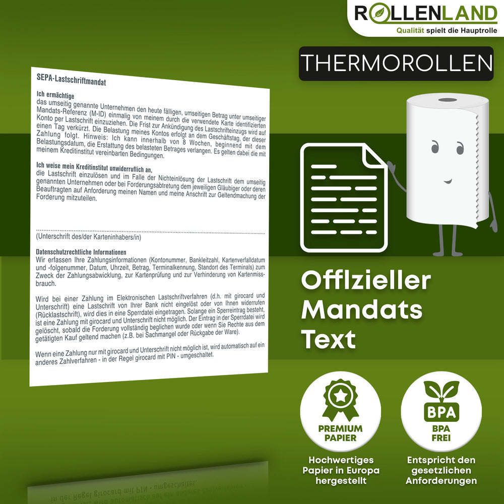 40 rouleaux thermiques 80x80x12, 80 m avec impression de la note de débit SEPA, sans bisphénol-A (BPA)